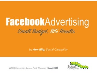 FacebookAdvertising
Small Budget, BIG Results
WACO Convention, Stevens Point, Wisconsin March 2017
by Ann Illig, Social Caterpillar
 