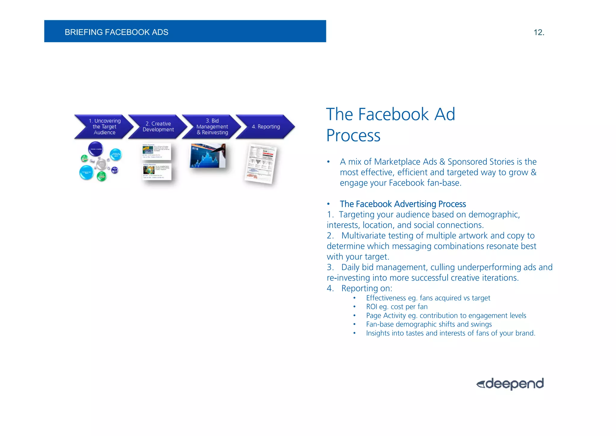 BRIEFING FACEBOOK ADS                                                                      12.




                        The Facebook Ad
                        Process
                        •   A mix of Marketplace Ads & Sponsored Stories is the
                            most effective, efficient and targeted way to grow &
                            engage your Facebook fan-base.

                        • The Facebook Advertising Process
                        1. Targeting your audience based on demographic,
                        interests, location, and social connections.
                        2. Multivariate testing of multiple artwork and copy to
                        determine which messaging combinations resonate best
                        with your target.
                        3. Daily bid management, culling underperforming ads and
                        re-investing into more successful creative iterations.
                        4. Reporting on:
                               •   Effectiveness eg. fans acquired vs target
                               •   ROI eg. cost per fan
                               •   Page Activity eg. contribution to engagement levels
                               •   Fan-base demographic shifts and swings
                               •   Insights into tastes and interests of fans of your brand.
 