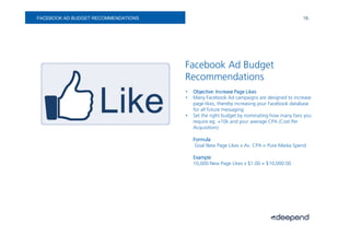 FACEBOOK AD BUDGET RECOMMENDATIONS                                                        16.




                                     Facebook Ad Budget
                                     Recommendations
                                     •   Objective: Increase Page Likes
                                     •   Many Facebook Ad campaigns are designed to increase
                                         page likes, thereby increasing your Facebook database
                                         for all future messaging.
                                     •   Set the right budget by nominating how many fans you
                                         require eg. +10k and your average CPA (Cost Per
                                         Acquisition):

                                         Formula
                                          Goal New Page Likes x Av. CPA = Pure Media Spend

                                         Example
                                         10,000 New Page Likes x $1.00 = $10,000.00
 