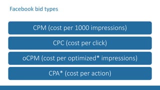 Facebook bid types
CPM (cost per 1000 impressions)
CPC (cost per click)
oCPM (cost per optimized* impressions)
CPA* (cost per action)
 
