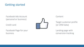 Getting started
Facebook Ads Account
(personal or business)
Credit card
Facebook Page for your
business
Content
Target cus...