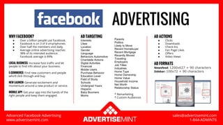 ADVERTISING
WHY FACEBOOK?
● Over a billion people use Facebook.
● Facebook is on 3 of 4 smartphones.
● Over half the members visit daily.
● Average online advertising reaches
38% of its intended audience.
Facebook average is 89%.
LOCAL BUSINESS: Increase foot traffic and let
people to find info about your business.
E-COMMERCE: Find new customers and people
who’ll click through and buy.
NEW LAUNCH: Generate excitement and
momentum around a new product or service.
MOBILE APP: Get your app into the hands of the
right people and keep them engaged.
AD TARGETING
Interests
Likes
Location
Gender
Language
Behaviors Automotive
Charitable Actions
Digital Activities
Financial
Mobile Users
Purchase Behavior
Education Level
Field of Study
Schools
Undergrad Years
Hispanic
Baby Boomers
Moms
AD ACTIONS
● Clicks
● Downloads
● Check-Ins
● Fan Page Likes
● Offers
● Video Views
AD FORMATS
Newsfeed: 1200x627 + 90 characters
Sidebar: 100x72 + 90 characters
Parents
Politics
Likely to Move
Recent Homebuyer
Recent Mortgage
Recently Moved
Traveling
Employers
Job Titles
Industries
Home Type
Home Ownership
Home Value
Household Income
Net Worth
Relationship Status
* Remarketing
* Custom Audiences
sales@advertisemint.com
1-844-ADMINT6
Advanced Facebook Advertising
www.advertisemint.com
 