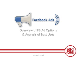 Overview of FB Ad Options
& Analysis of Best Uses
(rev. April 2016)
 