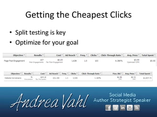 Getting the Cheapest Clicks
• Split testing is key
• Optimize for your goal

 