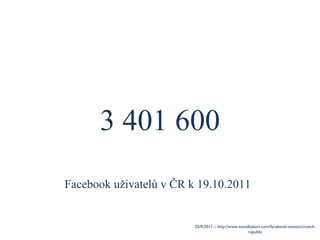 3 401 600 25/9/2011 –  http://www.socialbakers.com/facebook-statistics/czech-republic Facebook uživatelů v ČR k 19.10.2011 