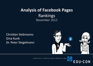 Analysis of Facebook Pages
                   Rankings
                       November 2012



Christian Siebmanns
Gina Kunk
Dr. Peter Stegelmann
 