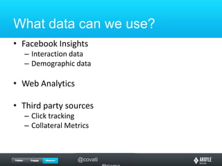 What data can we use?Facebook InsightsInteraction dataDemographic dataWeb AnalyticsThird party sourcesClick trackingCollateral Metrics