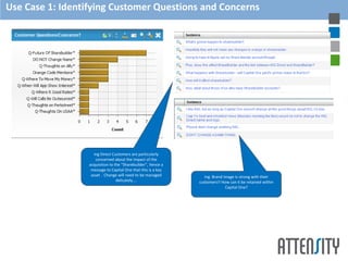 Use Case 1: Identifying Customer Questions and Concerns




                     Ing Direct Customers are particularly
                      concerned about the impact of the
                  acquisition to the “Sharebuilder”, hence a
                   message to Capital One that this is a key
                   asset . Change will need to be managed         Ing Brand image is strong with their
                                  delicately….                 customers!! How can it be retained within
                                                                             Capital One?
 