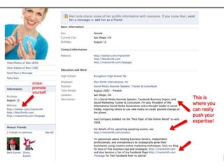Personal page best practicesCollect friends => springboard to PageCreate Lists of friends: post by listSet privacy settings!Collect relevant pages and groups – be active Mix the personal and professional, professionallyCultivate your professional image through your tabs: photos, video, info, notes, causes, etc.
