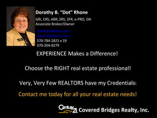 Contact me today for all your real estate needs! EXPERIENCE Makes a Difference!  Choose the RIGHT real estate professional! Very, Very Few REALTORS have my Credentials ! Dorothy B. “Dot” Rhone GRI, CRS, ABR, SRS, SFR, e-PRO, OA Associate Broker/Owner [email_address] www.DotRhone.com 570-784-2821 x 19 570-204-0279 Covered Bridges Realty, Inc. 