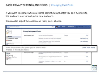 BASIC PRIVACY SETTINGS AND TOOLS Changing Past Posts
If you want to change who you shared something with after you post it, return to
the audience selector and pick a new audience.
You can also adjust the audience of many posts at once.
 