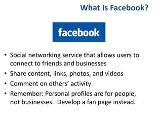 Facebook Stats
• Over 1.1 billion active users
• Average user is connected to 40 pages
• Smartphone mobile users check Fac...