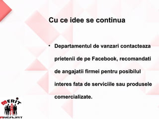 Cu ce idee se continua


• Departamentul de vanzari contacteaza

  prietenii de pe Facebook, recomandati

  de angajatii firmei pentru posibilul

  interes fata de serviciile sau produsele

  comercializate.
 