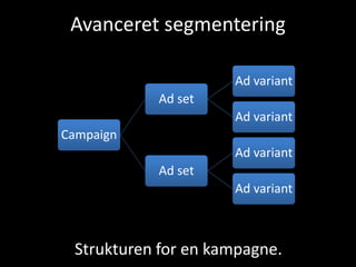 Avanceret segmentering
Campaign
Ad set
Ad variant
Ad variant
Ad set
Ad variant
Ad variant
Strukturen for en kampagne.
 