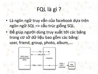 FQL là gì ?
• Là ngôn ngữ truy vấn của facebook dựa trên
ngôn ngữ SQL => cấu trúc giống SQL.
• Để giúp người dùng truy xuấ...