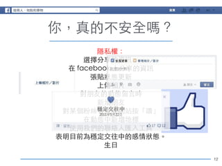 12 
你，真的不安全嗎？ 
隱私權： 
選擇分享的資訊： 
在 facebook 上分享的資訊 
張貼狀態更新 
上傳相⽚片 
對朋友的動態留⾔言時 
新增朋友 
對某個粉絲專⾴頁或網站按「讚」 
在動態中新增地標 
使⽤用我們的聯絡⼈人匯⼊入⼯工具 
表明⺫⽬目前為穩定交往中的感情狀態。 
⽣生⽇日 
 