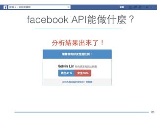 20 
facebook API能做什麼？ 
分析結果出來了！ 
 