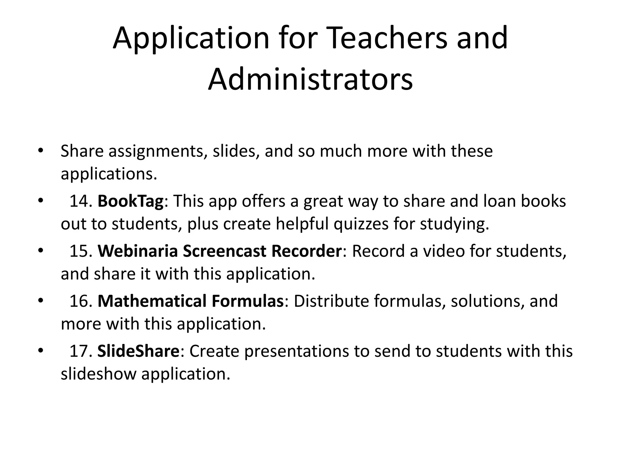 Application for Students   1. Books iRead: Share the books you're reading, and see what others think of books with this application.   2. DoResearch4me: This app makes it easy to gather information using your thesis statement, instructions, and more.   3. Flashcards: With this application, you can create flash cards to help you study on Facebook.   4. Wikiseek Search: Use this research tool to find Wikipedia articles and more through Facebook.   5. SkoolPool: Get the lowdown on schools, online and otherwise, with this neat application.   6. Rate My Professors: Find out what other students think of professors before you register for their class.