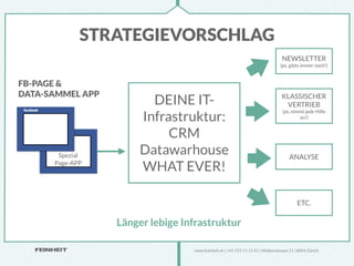STRATEGIEVORSCHLAG
                                                                                 NEWSLETTER
                                                                                (ps. gibts immer noch!)



FB-PAGE &
DATA-SAMMEL APP
                         DEINE IT-                                               KLASSISCHER
                                                                                  VERTRIEB

                       Infrastruktur:
                                                                                 (ps. nimmt jede Hilfe
                                                                                         an!)


                            CRM
       Spezial         Datawarhouse                                                  ANALYSE
      Page-APP
                       WHAT EVER!

                                                                                         ETC.

                  Länger lebige Infrastruktur

                                  www.feinheit.ch | +41 555 11 11 41 | Molkenstrasse 21 | 8004 Zürich
 