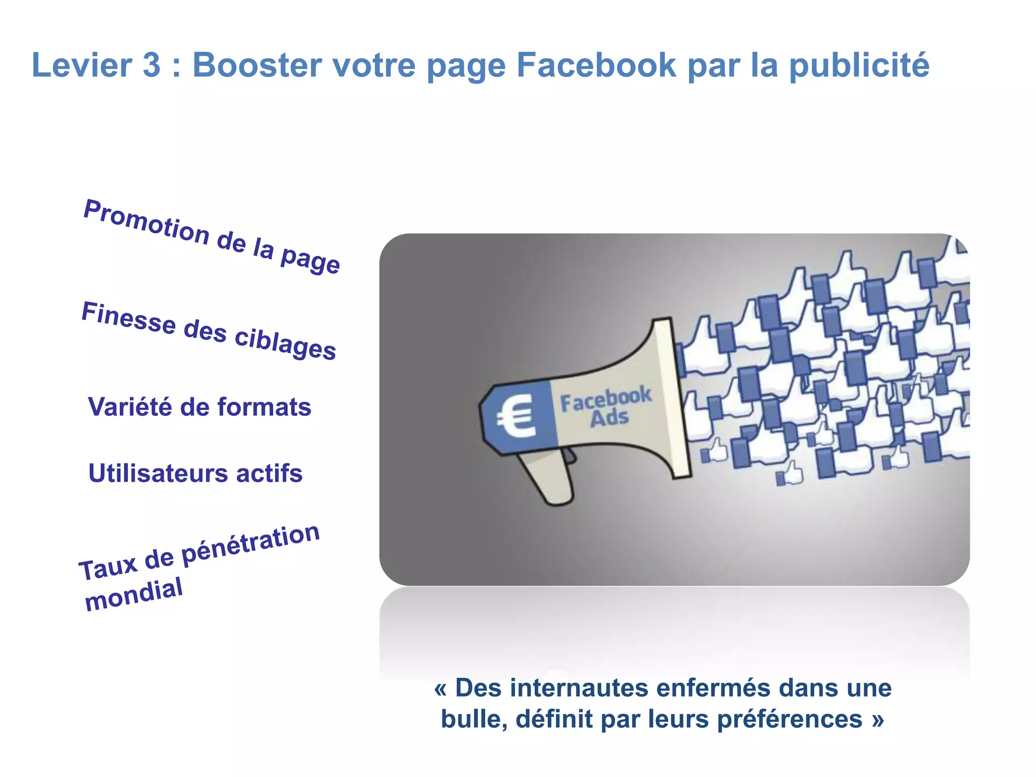 Variété de formats
Utilisateurs actifs
« Des internautes enfermés dans une
bulle, définit par leurs préférences »
Levier 3 : Booster votre page Facebook par la publicité
 