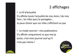 2 affichages
• Le fil d’actualité
S’y affiche toute l’actualité de mes Amis / de mes
Fans ; les infos que j’ai partagées…
Je peux choisir que ces infos s’affichent ou pas
• Le mode Journal = mes publications
S’y affiche uniquement ce que moi je
poste, c’est mon journal sauf qu’il
n’est pas intime !
 