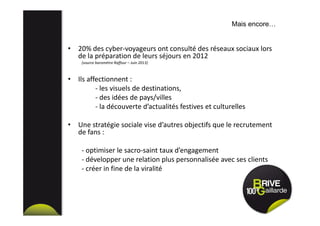 • 20% des cyber-voyageurs ont consulté des réseaux sociaux lors
de la préparation de leurs séjours en 2012
(source baromètre Raffour – Juin 2013)
• Ils affectionnent :
- les visuels de destinations,
- des idées de pays/villes
- la découverte d’actualités festives et culturelles
• Une stratégie sociale vise d’autres objectifs que le recrutement
de fans :
- optimiser le sacro-saint taux d’engagement
- développer une relation plus personnalisée avec ses clients
- créer in fine de la viralité
Mais encore…
 