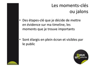 Les moments-clés
ou jalons
• Des étapes-clé que je décide de mettre
en évidence sur ma timeline, les
moments que je trouve importants
• Sont élargis en plein écran et visibles par
le public
 