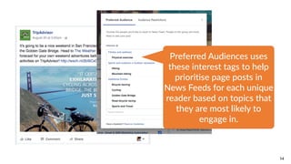 14
Preferred  Audiences  uses  
these  interest  tags  to  help  
prioritise  page  posts  in  
News  Feeds  for  each  unique  
reader  based  on  topics  that  
they  are  most  likely  to  
engage  in.
 
