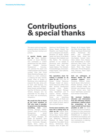 Presented by The Online Project                                                                                                        31




                                  Contributions
                                  & special thanks
                                  This report could not have been      Hammouri; Yara Al Qudah; Zena     Wutsen; Ali Al Hassani; Nader
                                  produced without the efforts of      Risheg; Kareem Shareef; Tara      Abu Eiteh; Ahmad Salem; Tanya
                                  some of key team members and         Mubaidin; and Hadeel Hmaidi;      Marrar; Sara Assad; Mohammad
                                  partners.                            and our designers Lama Qudah;     Khatib;    Mohammad       Abu
                                                                       Mustapha Al Abdali; Ahmad         Baker;     Julia    Schmutzler;
                                  A special thanks goes                Yassen and Senior Social Media    Yasmine Sakka; Abdel Aziz
                                  out to: Rakan Brahedni,              Developers Zeid Haddadin and      Abu-Fadaleh; Hamzeh Zaher;
                                  founder of Social Watchlist,         Alaa Badran. The remaining        Salwa Qattan; Dana Abiqwa;
                                  who contributed in content           members of our Analysis &         Furat Abuhashhash; Ez Zmeili;
                                  development and data analysis.       Monitoring team: Muhyidean        Mahmoud Madi Dwairi; Dina
                                  Zeid     Habayeb,         Business   Tarawneh, Amer Yaghi, and         Habash; Ala’a Qaraeen; Dana
                                  Development             Executive,   Sajeda Dabbas. Firas Steitiyeh,   Kakish; Riham Abu Daqqa;
                                  who authored the report and          Products Manager, and his team:   Maher Jilani; Ahmad Moqanasa;
                                  created synergies with everyone      Khaled Nobani, Yazan Qteishat,    Tarek Qaitouqa; Hanan Dajani
                                  involved. Feras Hilal, Social        and Ruba Nobani.                  and Nour Soudani.
                                  Media Marketing Manager, who
                                  served as a main contributor         Our operations team for           And our colleagues at
                                  in analyzing the data; Hamzeh        making it possible to do          Modern Media for their
                                  Janakat, Head of Analysis &          what we do: COO Qais Al           constant support: Razan
                                  Monitoring, who collected and        Rousan; Human Resources           Goussous, Kholoud Sarsak,
                                  prepared the data, along with        Manager Hadeel Al Jobour;         Samah Ayoub, Zeina Gammoh,
                                  his team: Zeid Bushnaq, Lina         Human Resources Officer Dana      Mustafa Shahwan, Ammar Al
                                  Meshal, Mahmoud Shahwan,             Refai; Business Development       Haman, Motasem Khalifa, Lee
                                  Rawan Hamed, and Islam Ayyeh.        Associate     Eman      Mufleh;   McGrath, Leen Halawani, Hanna
                                  Suad Taji, Art Director, and Ala’a   Technical Support Manager         Hamati, Ammar Jarrar, Hadi
                                  Tameem, Designer, who are            Odey AbdulGhani and IT            Soudi, Nabil Shukri; and former
                                  responsible for the design of        Support Ahmad Anabtawi;           team member Ghada Odeh.
                                  the report and accompanying          Executive Assistant Tourane
                                  infographics.                        Dione;      our     Advertising   We received feedback,
                                                                       Executives Roula Al Khatib and    direction and information
                                  We would also like to thank          Fouad Abida; and our finance      from the following industry
                                  all the team members at              team: Khaled Al Azhari, Raed al   contributors, without whom
                                  TOP who make it possible             Absi and Saad Hashem.             the preparation of the
                                  to spend every day learning                                            report would not have been
                                  something      new:     Client       Former team members, who          possible as well: Iain Twine
                                  Servicing Manager, Nisreen           have left a lasting trace on      and Mark SooHoo from Edelman
                                  Shawwa; Head of Community            what we do: Hussam Binni;         PR Agency for their mentorship
                                  Management,            Jansait       Nahla Tabbaa; Sohaib Ismail;      and guidance; Zeid Nasser from
                                  Qoughondoqa;       Strategists       Ahmad Akour; Osama Tuffaha;       MediaMe.com in addition to
                                  and Project Managers Ali             Rama Abdelhadi; Dana Mismar;      Ismail Atrash from Endeavor, and
                                  Zuaiter, Ali Abdulhadi, Sima         Loay Malahmeh; Mahmoud            the team at Social Watchlist for
                                  Zeidan, Dima Shahin and Diya         Mujahed; Ali Babay; Ashtar        their contributions in collecting
                                  Murra; Community Managers            Daraghmeh; Firas Jallad; Nicola   and analyzing the data.
                                  Najeeb Nimri; Sabina Al              Khoury; Mohammad Moey
                                  Shawareb; Shatha Hamdan; Tala        Shawash; Amer Al Saleh; Kim


Facebook Benchmarks in the Middle East
 
