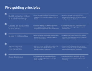 Best Practice Guide




Five guiding principles
1
                                 • Social should be baked into everything you do,        • Facebook should be integrated with your
         Build a strategy that     not added at the end of a campaign or done on           broader marketing efforts and part of how you
         is social by design       the side                                                reach your business objectives



2
         Create an authentic     • People on Facebook are clear and open about
                                   who they are - be the same by providing
                                                                                         • Facebook is an ideal place to bring your brand
                                                                                           personality to life through an authentic and
         brand voice               straightforward information about your business         consistent voice



3
                                 • People spend time on Facebook communicating           • Think about the aspects of your brand that are
         Make it interactive       and sharing with others, so always engage in            inherently social and create content that people
                                   two-way conversations                                   will be excited to pass along



4
                                 • Just like in the real world, building relationships   • Keep content fresh and easy to consume, use
         Nurture your              with people on Facebook takes time and                  ads to stay in touch, and reward people for their
         relationships             requires a long-term investment                         loyalty through Deals and promotions



5
                                 • Facebook allows you to get feedback from              • Use reporting tools to learn about your fans
         Keep learning             people in real time, giving you the ability to          and the content and products they find most
                                   iterate on the fly                                      interesting




                                                                                                                                               5
 