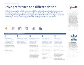 Best Practice Guide > Facebook by Objective




      Drive preference and differentiation
generate awareness




       Facebook is a great place to build preference and differentiation for your brand over competitors.                                                                                                In an effort to reinvigorate its
                                                                                                                                                                                                         brand among the 18- to 34-year-
    SponsoredFacebook, people discover your brand through trustedSocial Plugins
       On Stories                Facebook Ads Pages Places Events  referrals from API
                                                                                Graph their friends. Then drive
                                                                                              Apps on Facebook Deals                                                                                     old audience, Shane Company
                                                                                                                                                                                                         launched a Facebook campaign
       preference by interacting with and rewarding your fans. Think of your Facebook Page as a key touch                                                                                                to re-engage with them and
                                                                                                                                                                                                         become more relevant. It
product development & innovation

       point that you can leverage to bring your brand to life for your customers in real time.                                                                                                          used Premium Poll Ads to
                                                                                                                                                                                                         invite people to nominate
                                                                                                                                                                                                         their favorite diamond shapes
                                                                                                                                                                                                         and vote for their favorite
                                                                                                                                                                                                         marriage proposal scenario.
                                                                                                                                                                                                         Shane also invited fans to tell
           Pages                       Facebook Ads    Sponsored Stories    Questions                    Events           Graph API          Apps on Facebook    Social Plugins                          their own stories on its Page.
                                                                                                                                                                                                         This stimulated discussion
drive preference and differentiation                                                                                                                                                                     and interaction between the
       Introductory tools                                                  Advanced tools                                                                                                                audience and the brand in a fun
                                                                                                                                                                                                         way that reinforced the brand
                                                                                                                                                                                                         as “your friend in the diamond
                                                                                                                                                                                                         business.” Over 20,000 people
                                                                                                                                                                                                         responded to the polling Ads,
                                                                                                                                                                                                         reinvigorating the brand.
           Pages                       Facebook Ads        Questions       Social Plugins           Apps on Facebook      Graph API



increase trafﬁc and sales
       5 steps to drive preference and differentiation


       1                                              2                                       3                                       4                                  5
        Understand what                               Define the gap between                  Launch an integrated                    Think about how to            Check in with
        Facebook Ads              Sponsored Stories
        people currently think                        your Pages            Places
                                                           current perception                 brand-building
                                                                                                     Events        Graph API          integrate Premium
                                                                                                                                                 Facebook into on Facebook customers to
                                                                                                                                              Sampling Ads
                                                                                                                                                             Apps   your         Deals

        of your business and                          and your brand’s                        campaign to drive                       your products, website        understand what
build loyalty and deepen relationships
        why they think it is                          desired perception or                   preference and                          or mobile apps to make        is resonating and                    When adidas Originals
                                                                                                                                                                                                         launched its global, cross-
        unique and relevant                           point of differentiation                differentiation                         them more personal            whether you have
                                                                                                                                                                                                         media campaign in early
   a. Listen to what people are                                                             a. Create a campaign that                 and unique                    been successful                      2010, the leading apparel
                                                                                                                                                                                                         and footwear brand decided
      saying about your business                                                               supports your desired               a. Use the Graph API to enable       a. Monitor your Wall and
                                                                                                                                                                                                         to use its Facebook Page as
      on your Page and use                                                                     perception across your                 people to shop based on               use Page Insights to see     a home base from which it
         Pages         Sponsored Stories                  Facebook Ads     Questions                  Social Plugins    Apps on Facebook
      Questions to survey them                                                                 typical channels (TV, print,           what their friends like               what’s working               could display and distribute
                                                                                               radio, Facebook, etc.)                                                                                    all of its exciting new audio-
   b. Use Page Insights to
amplify recommendation and word of mouth
                                                                                                                                   b. Use Social Plugins to create      b. Run a Nielsen Brand Effects   visual content and product
      understand what they are                                                              b. Create Facebook Ads and                a social experience for               study (where available)      information. By creating highly
      interested in                                                                            Sponsored Stories with                 people engaging with                  to ask questions or run      relevant content, the company
                                                                                               Friends of Connections                                                                                    built a community of advocates
                                                                                                                                      your brand                            polls to understand how
                                                                                                                                                                                                         who supported the brand and
                                                                                               targeting to show people                                                     perceptions changed
                                                                                                                                   c. Use Apps on Facebook to                                            has seen a steady increase in
                                                                                               how their friends have                                                       post-campaign                Originals store traffic.
                                                                                                                                      bring your brand to life on Apps on Facebook
     Sponsored Stories                 Facebook Ads          Pages            Events           already interacted with Social Plugins
                                                                                                          Deals                                   Graph API
                                                                                                                                      your Page                         c. Use your own brand
                                                                                               your brand
                                                                                                                                                                            tracking measurement tools
gain insights


                                                                                                                                                                                                                                            9
 