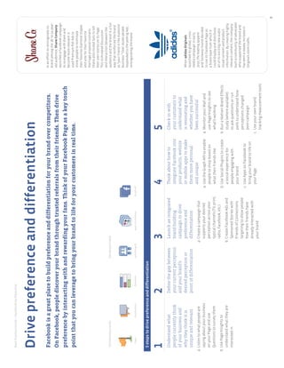 BestPracticeGuide>FacebookbyObjective
9
WhenadidasOriginals
launcheditsglobal,cross-
mediacampaigninearly
2010,theleadingapparel
andfootwearbranddecided
touseitsFacebookPageas
ahomebasefromwhichit
coulddisplayanddistribute
allofitsexcitingnewaudio-
visualcontentandproduct
information.Bycreatinghighly
relevantcontent,thecompany
builtacommunityofadvocates
whosupportedthebrandand
hasseenasteadyincreasein
Originalsstoretrafﬁc.
Facebookisagreatplacetobuildpreferenceanddifferentiationforyourbrandovercompetitors.
OnFacebook,peoplediscoveryourbrandthroughtrustedreferralsfromtheirfriends.Thendrive
preferencebyinteractingwithandrewardingyourfans.ThinkofyourFacebookPageasakeytouch
pointthatyoucanleveragetobringyourbrandtolifeforyourcustomersinrealtime.
1
Understandwhat
peoplecurrentlythink
ofyourbusinessand
whytheythinkitis
uniqueandrelevant
a.Listentowhatpeopleare
sayingaboutyourbusiness
onyourPageanduse
Questionstosurveythem
b.UsePageInsightsto
understandwhattheyare
interestedin
2
Deﬁnethegapbetween
yourcurrentperception
andyourbrand’s
desiredperceptionor
pointofdifferentiation
3
Launchanintegrated
brand-building
campaigntodrive
preferenceand
differentiation
a.Createacampaignthat
supportsyourdesired
perceptionacrossyour
typicalchannels(TV,print,
radio,Facebook,etc.)
b.CreateFacebookAdsand
SponsoredStorieswith
FriendsofConnections
targetingtoshowpeople
howtheirfriendshave
alreadyinteractedwith
yourbrand
4
Thinkabouthowto
integrateFacebookinto
yourproducts,website
ormobileappstomake
themmorepersonal
andunique
a.UsetheGraphAPItoenable
peopletoshopbasedon
whattheirfriendslike
b.UseSocialPluginstocreate
asocialexperiencefor
peopleengagingwith
yourbrand
c.UseAppsonFacebookto
bringyourbrandtolifeon
yourPage
5
Checkinwith
yourcustomersto
understandwhat
isresonatingand
whetheryouhave
beensuccessful
a.MonitoryourWalland
usePageInsightstosee
what’sworking
b.RunaNielsenBrandEffects
study(whereavailable)
toaskquestionsorrun
pollstounderstandhow
perceptionschanged
post-campaign
c.Useyourownbrand
trackingmeasurementtools
Drivepreferenceanddifferentiation
5stepstodrivepreferenceanddifferentiation
Inanefforttoreinvigorateits
brandamongthe18-to34-year-
oldaudience,ShaneCompany
launchedaFacebookcampaign
tore-engagewiththemand
becomemorerelevant.It
usedPremiumPollAdsto
invitepeopletonominate
theirfavoritediamondshapes
andvotefortheirfavorite
marriageproposalscenario.
Shanealsoinvitedfanstotell
theirownstoriesonitsPage.
Thisstimulateddiscussion
andinteractionbetweenthe
audienceandthebrandinafun
waythatreinforcedthebrand
as“yourfriendinthediamond
business.”Over20,000people
respondedtothepollingAds,
reinvigoratingthebrand.
IntroductorytoolsAdvancedtools
GraphAPIFacebookAdsSocialPluginsAppsonFacebookPagesQuestions
 