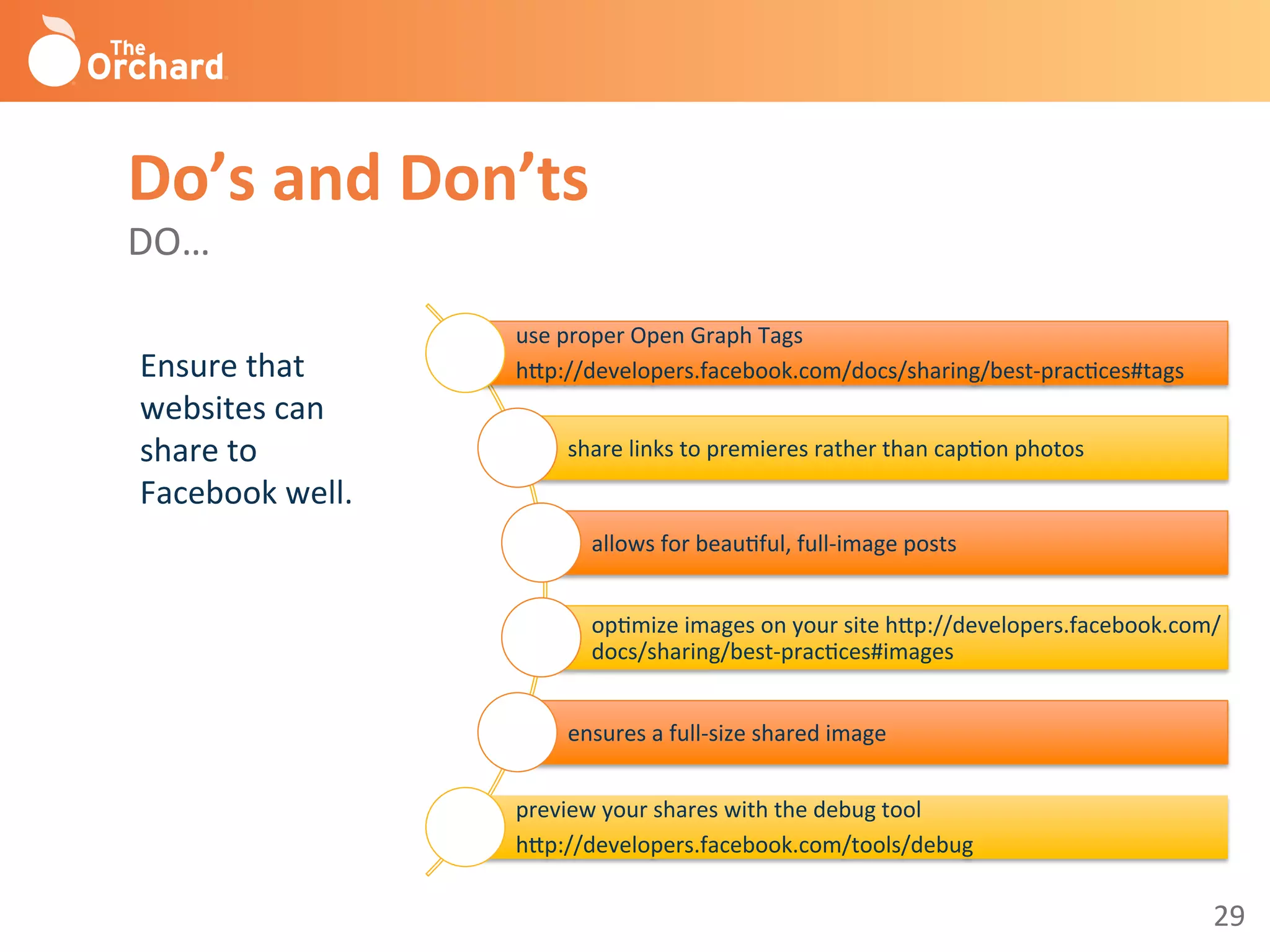 29	
  
Do’s	
  and	
  Don’ts	
  
DO…	
  
use	
  proper	
  Open	
  Graph	
  Tags	
  	
  
h^p://developers.facebook.com/docs/sharing/best-­‐pracBces#tags	
  
share	
  links	
  to	
  premieres	
  rather	
  than	
  capBon	
  photos	
  	
  
allows	
  for	
  beauBful,	
  full-­‐image	
  posts	
  
opBmize	
  images	
  on	
  your	
  site	
  h^p://developers.facebook.com/
docs/sharing/best-­‐pracBces#images	
  
ensures	
  a	
  full-­‐size	
  shared	
  image	
  
preview	
  your	
  shares	
  with	
  the	
  debug	
  tool	
  	
  
h^p://developers.facebook.com/tools/debug	
  
Ensure	
  that	
  
websites	
  can	
  
share	
  to	
  
Facebook	
  well.	
  	
  
 