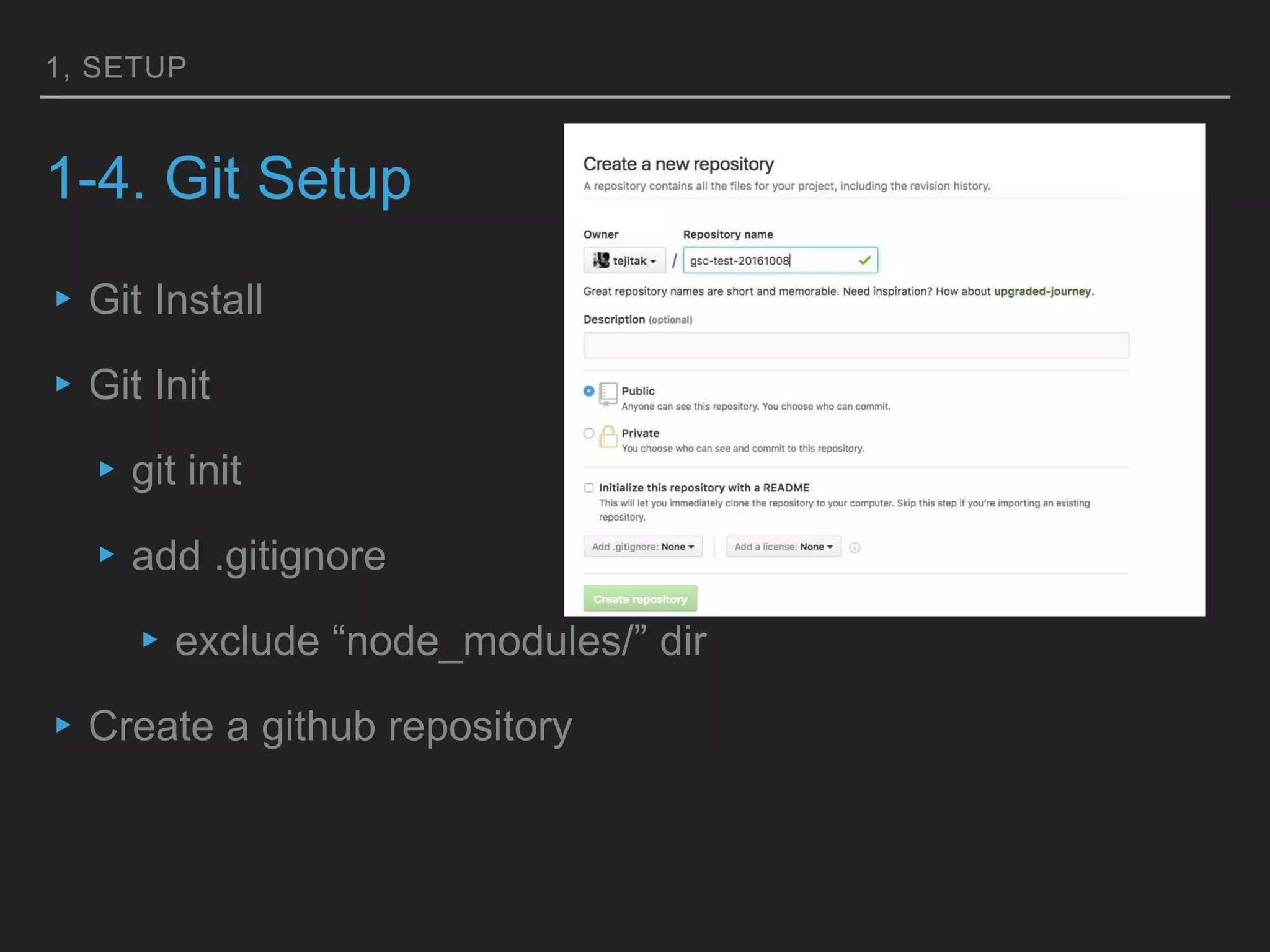 1, SETUP
1-4. Git Setup
▸Git Install
▸Git Init
▸git init
▸add .gitignore
▸exclude “node_modules/” dir
▸Create a github repository
 