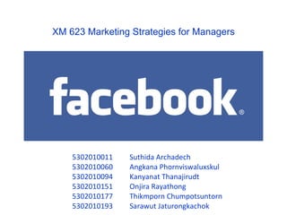 5302010011  Suthida Archadech 5302010060  Angkana Phornviswaluxskul 5302010094  Kanyanat Thanajirudt 5302010151  Onjira Rayathong 5302010177  Thikmporn Chumpotsuntorn   5302010193 Sarawut Jaturongkachok XM 623 Marketing Strategies for Managers 