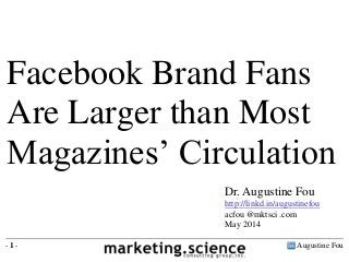 Augustine Fou- 1 -
Facebook Brand Fans
Are Larger than Most
Magazines’ Circulation
Dr. Augustine Fou
http://linkd.in/augustinefou
acfou @mktsci .com
May 2014
 