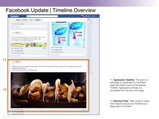 Facebook Update | Timeline Overview




 11!




                                          11. Application Visibility: The action of
                                          uploading an Application to the Brand
                                          page will create a post on the Brand’s
                                          Timeline. Applications will also be
 12!                                      accessible from the top of the page.



                                          12. Starring Posts: “Star” posts to make
                                          them expand across your Timeline as a
                                          larger piece of content.



CAITLIN DALEY, 2012
 