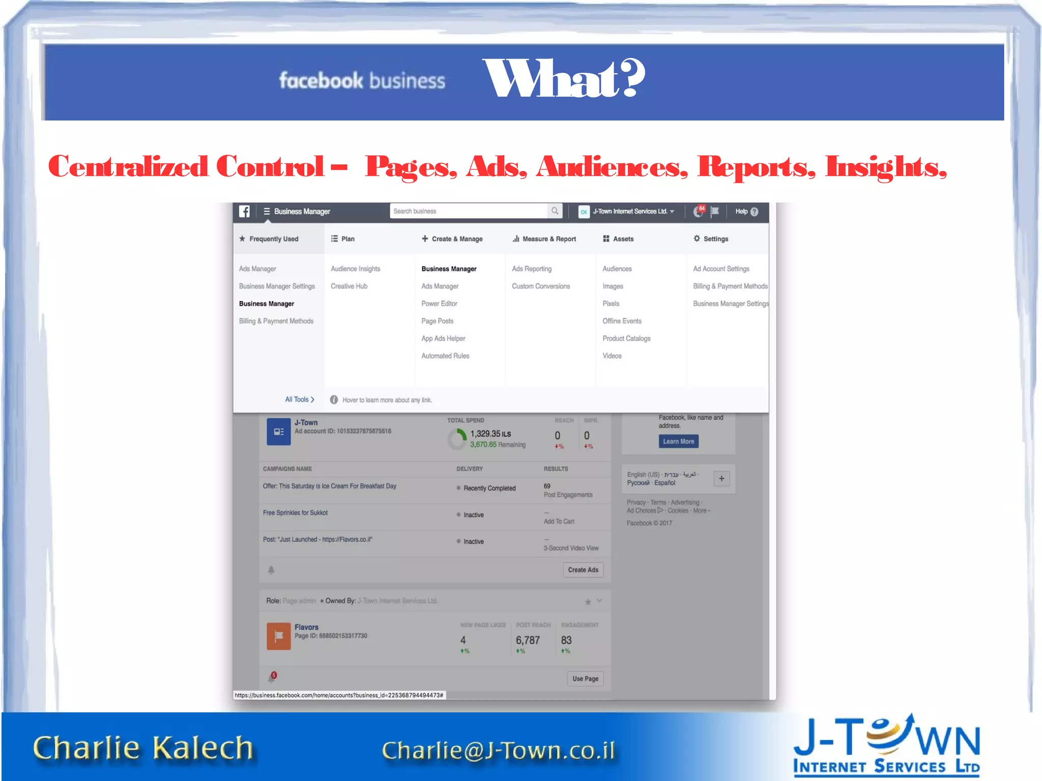 What?
Centralized Control – Pages, Ads, Audiences, Reports, Insights,
 