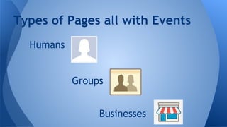 Types of Pages all with Events
Humans
Groups
Businesses