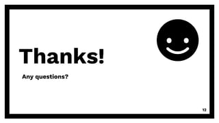 Thanks!
Any questions?
You can find me at
@username
user@mail.me
12
 