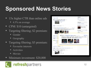 Sponsored News Stories <ul><li>15x higher CTR than online ads </li></ul><ul><ul><li>4.5% on average  </li></ul></ul><ul><l...
