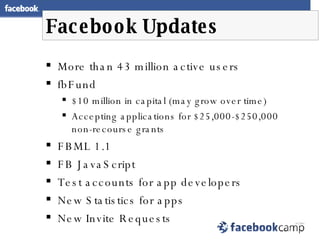 Facebook Updates More than 43 million active users fbFund $10 million in capital (may grow over time)  Accepting applications for $25,000-$250,000 non-recourse grants FBML 1.1 FB JavaScript Test accounts for app developers New Statistics for apps New Invite Requests 