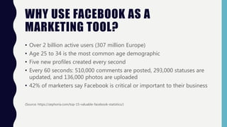 WHY USE FACEBOOK AS A
MARKETING TOOL?
• Over 2 billion active users (307 million Europe)
• Age 25 to 34 is the most common age demographic
• Five new profiles created every second
• Every 60 seconds: 510,000 comments are posted, 293,000 statuses are
updated, and 136,000 photos are uploaded
• 42% of marketers say Facebook is critical or important to their business
(Source: https://zephoria.com/top-15-valuable-facebook-statistics/)
 