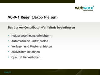 90-9-1 Regel (Jakob Nielsen)

    Das Lurker-Contributor-Verhältnis beeinflussen

    
           Nutzerbeteiligung erlei...