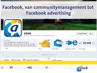 1

Facebook, van communitymanagement tot
           Facebook advertising




anwb.nl   facebook.com/anwb   youtube.com/anwb   @anwb
 