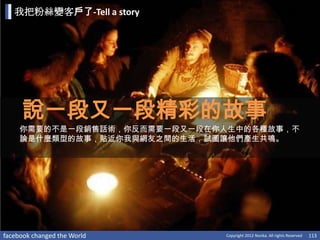 我把粉絲變客戶了-Tell a story




     說一段又一段精彩的故事
     你需要的不是一段銷售話術，你反而需要一段又一段在你人生中的各種故事，不
     論是什麼類型的故事，貼近你我與網友之間的生活，試圖讓他們產生共鳴。




facebook changed the World    Copyright 2012 Norika. All rights Reserved   113
 
