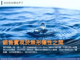 我把粉絲變客戶了




 銷售實現於無形隱性之間
  當你越關心每一個人，別人就會越相對付出心思去了解你在做什麼，只要你真正能傳
  遞出自我價值，可以令別人感受到一種因為你積極的在行動著，而從中散發出的一種
  能量，自然能影響他人，進而提供需求。


facebook changed the World   Copyright 2012 Norika. All rights Reserved   128
 