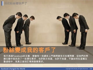 我把粉絲變客戶了




 粉絲變成我的客戶了
  每天透過Facebook的互動，都會有一些網友上門詢問著各式各樣問題，從他們的問
  題互動中我找到了一些潛在需求，也許對方知道、也許不知道，不論如何在這種互
  動過程中，我真正接到訂單與發案需求。

facebook changed the World     Copyright 2012 Norika. All rights Reserved   133
 