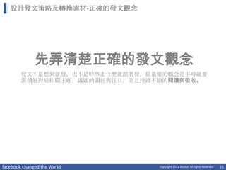 設計發文策略及轉換素材-正確的發文觀念




              先弄清楚正確的發文觀念
        發文不是想到就發，也不是時事走什麼就跟著發，最重要的觀念是平時就要
        累積好對於相關主題、議題的關注與注目，並且持續不斷的閱讀與吸收。




facebook changed the World      Copyright 2012 Norika. All rights Reserved   25
 
