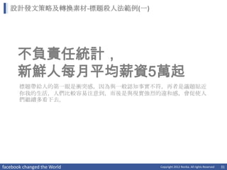 設計發文策略及轉換素材-標題殺人法範例(一)




      不負責任統計，
      新鮮人每月平均薪資5萬起
       標題帶給人的第一眼是衝突感，因為與一般認知事實不符，再者是議題貼近
       你我的生活，人們比較容易注意到，而後是與現實強烈的違和感，會促使人
       們繼續多看下去。




facebook changed the World     Copyright 2012 Norika. All rights Reserved   31
 